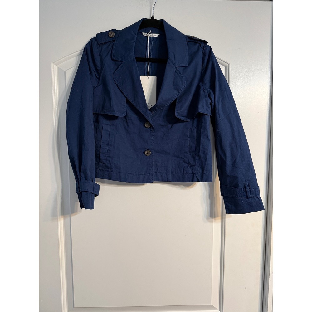 Griffin Paris Cropped Trench Jacket Size M Navy Blue NWT Military Style Parisian